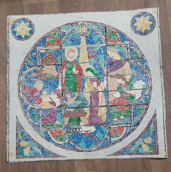 Rare Handmade Liquid Artex Painting Nativity Scene Stainglass Look Wall Hanging - Picture 5 of 7